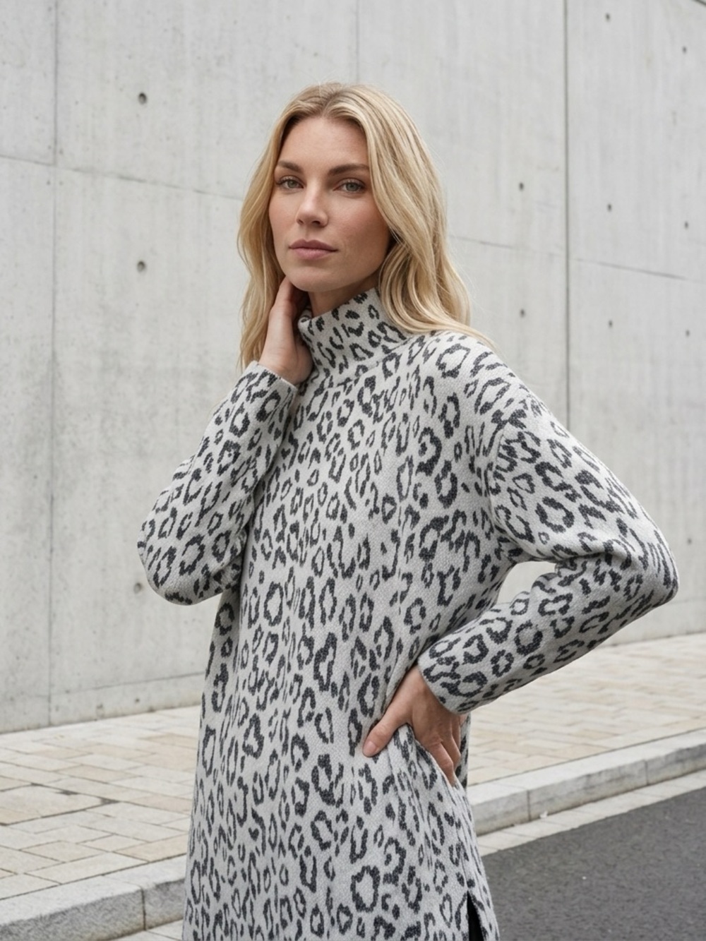 Chico’s Chauncey Cheetah cowl Neck Sweater